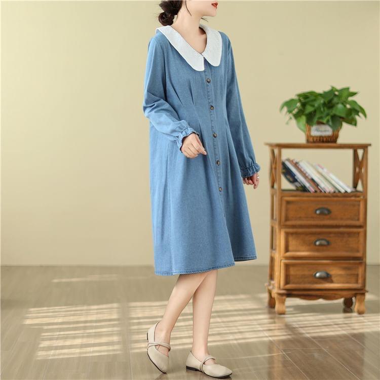 Long-Sleeve Collared Denim A-Line Shirt Dress Product Image