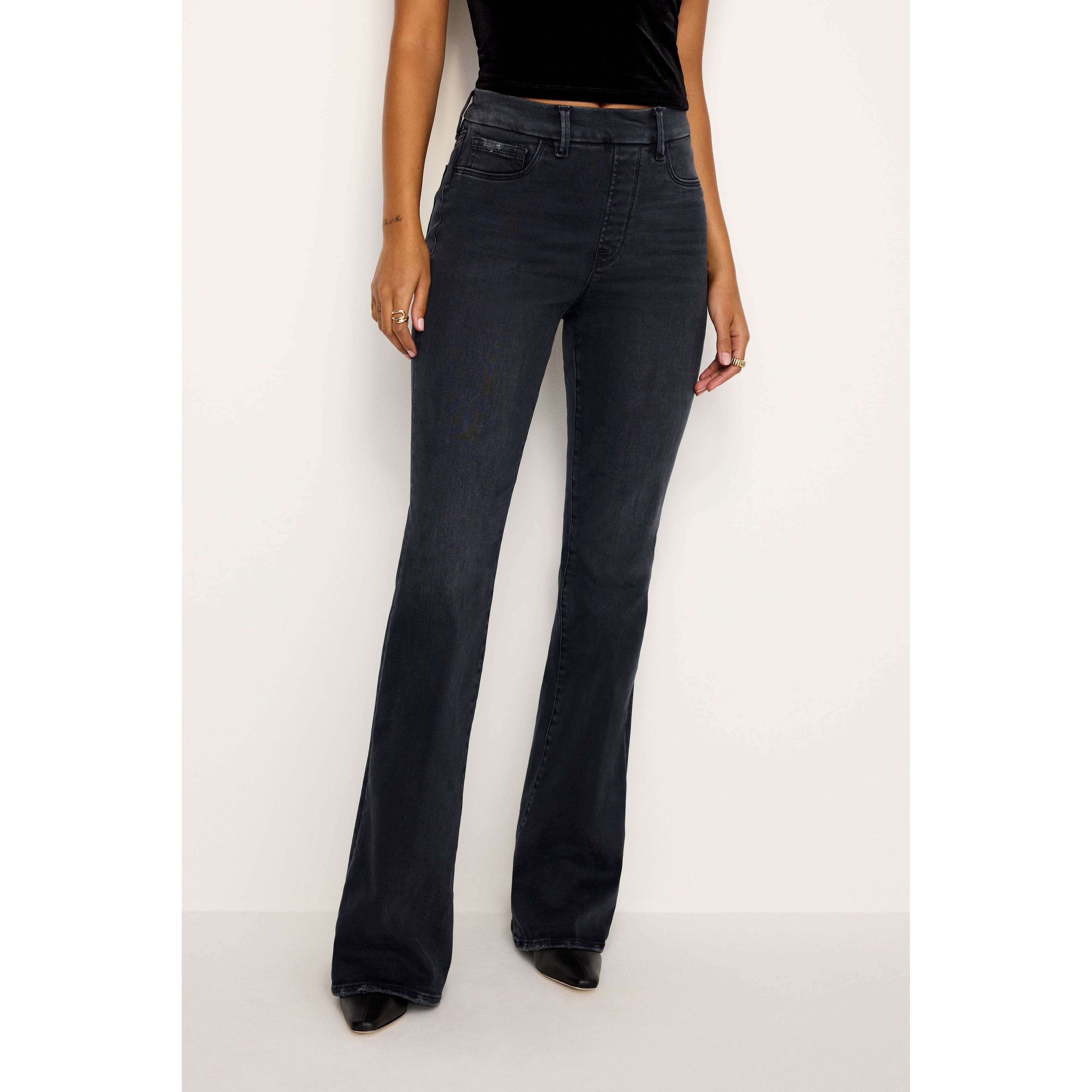 Womens Power Stretch Pull-On Flare Jeans | Black, 255 Size Large | Good American by Khlo Kardashian product image