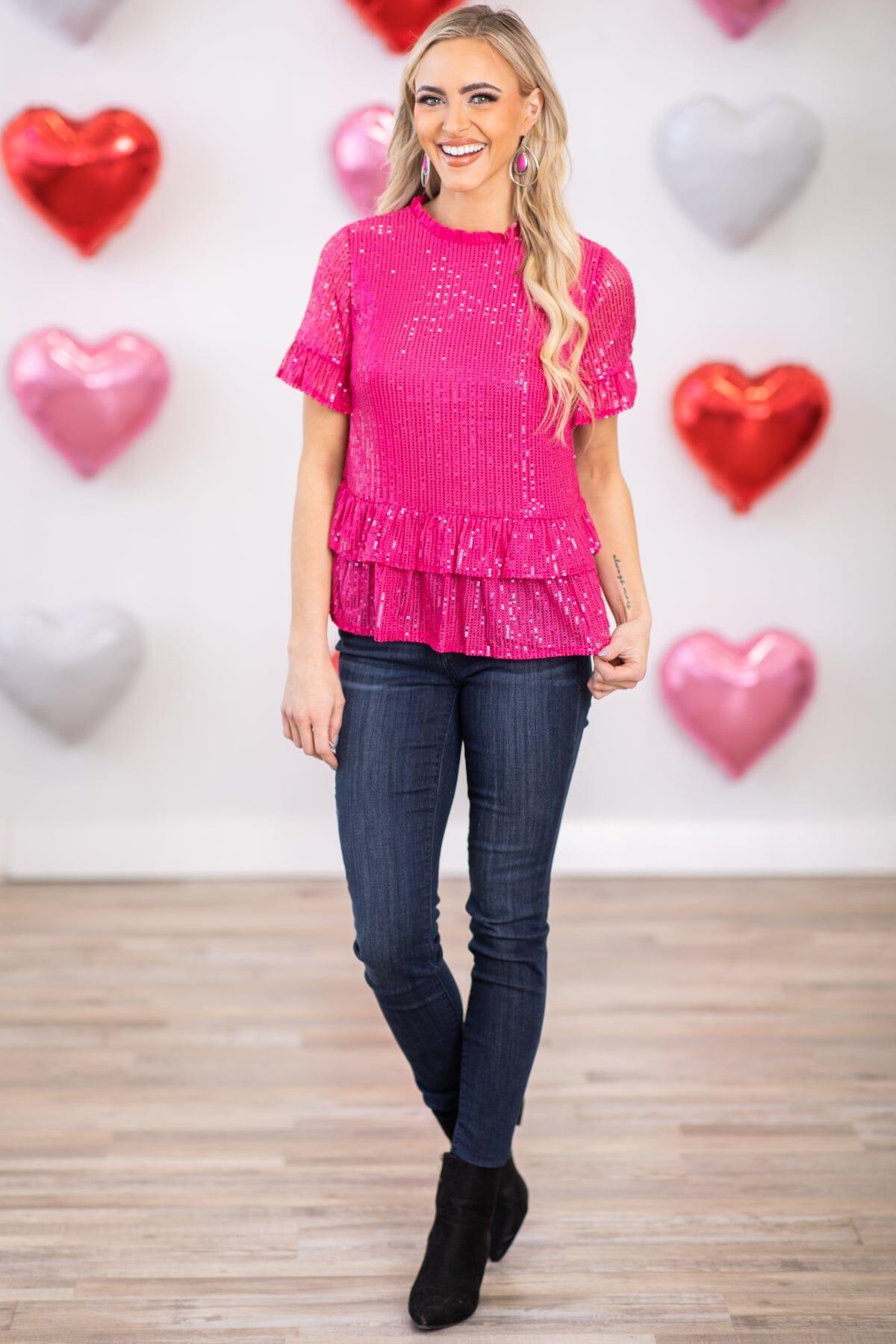 Hot Pink Ruffle Trim Sequin Top Product Image