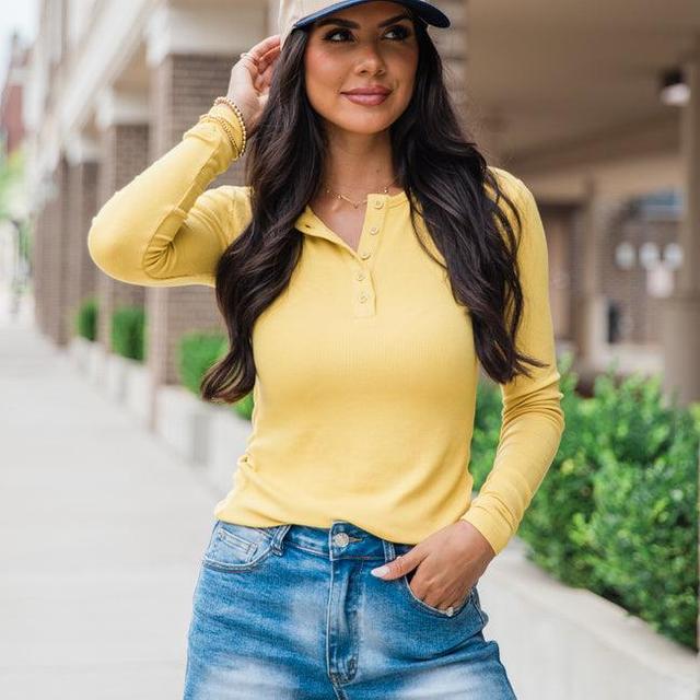 All The Better Mustard Ribbed Knit Henley Long Sleeve Tee Product Image