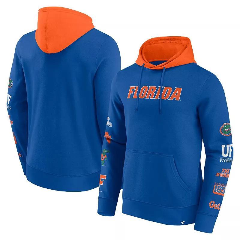 Mens Fanatics Royal/Orange Florida Gators Color Block Badge Fleece Pullover Hoodie Product Image