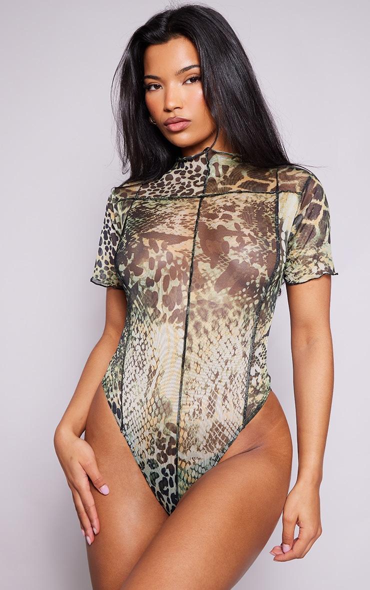 Green Leopard Print Mesh Exposed Seam Bodysuit Product Image