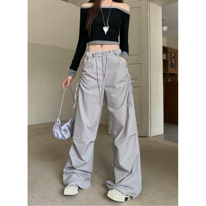 Drawstring Waist Plain Wide Leg Cargo Pants Product Image