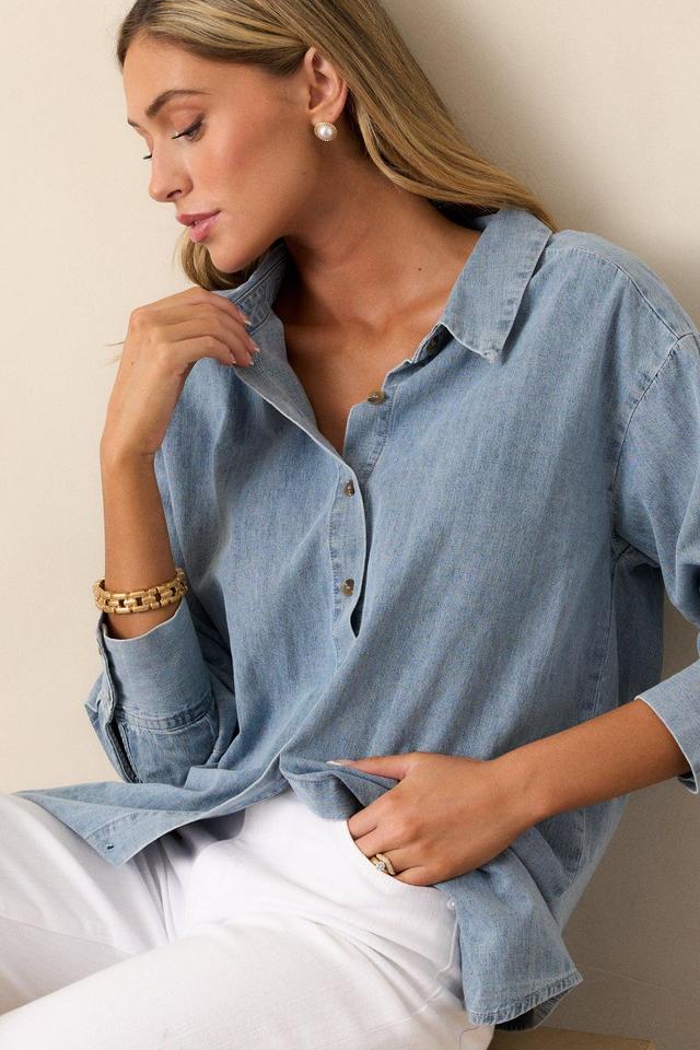 In Plain Sight 100% Cotton Light Chambray Button Front Top Product Image