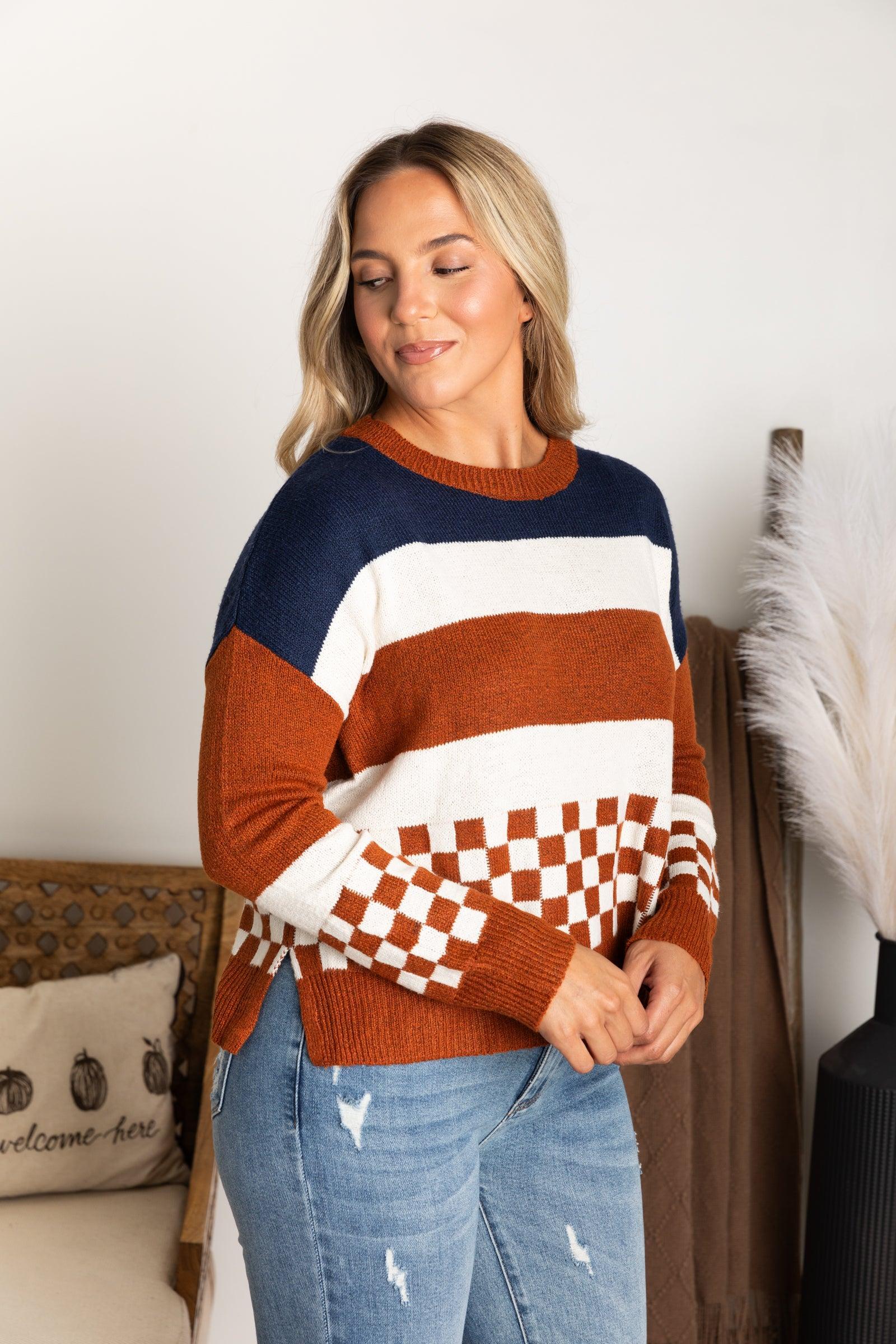 Navy and Cognac Checkered Pullover Sweater Product Image