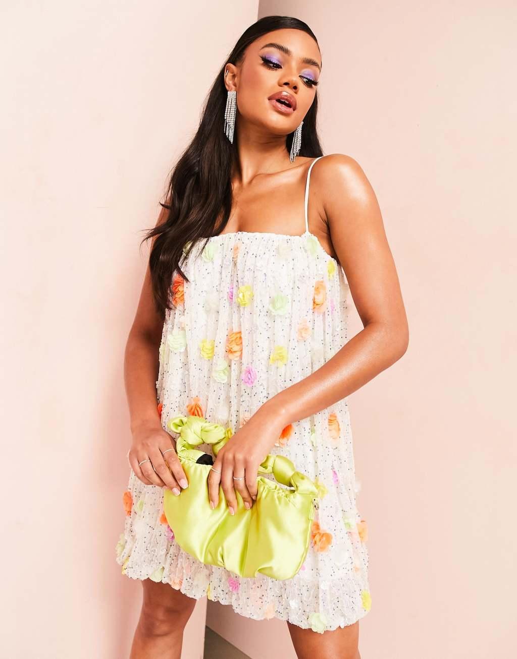 ASOS LUXE 3D embellished floral bubble mini dress in multi Product Image