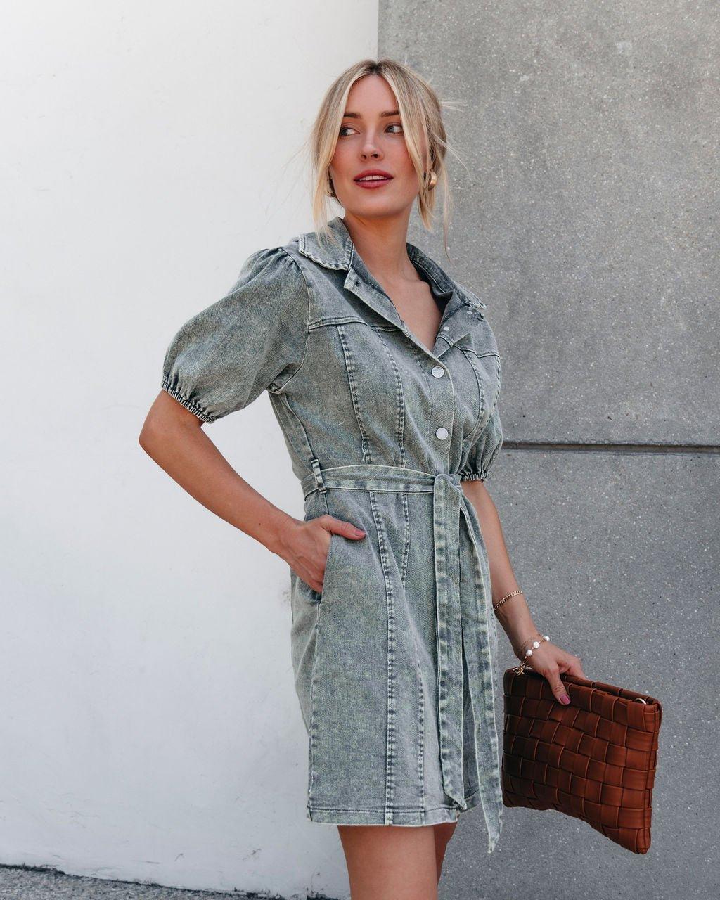 Olive Washed Button Down Mini Dress Product Image