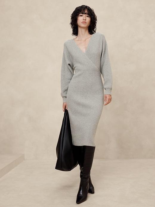 Overlap-Neck Midi Sweater Dress Product Image