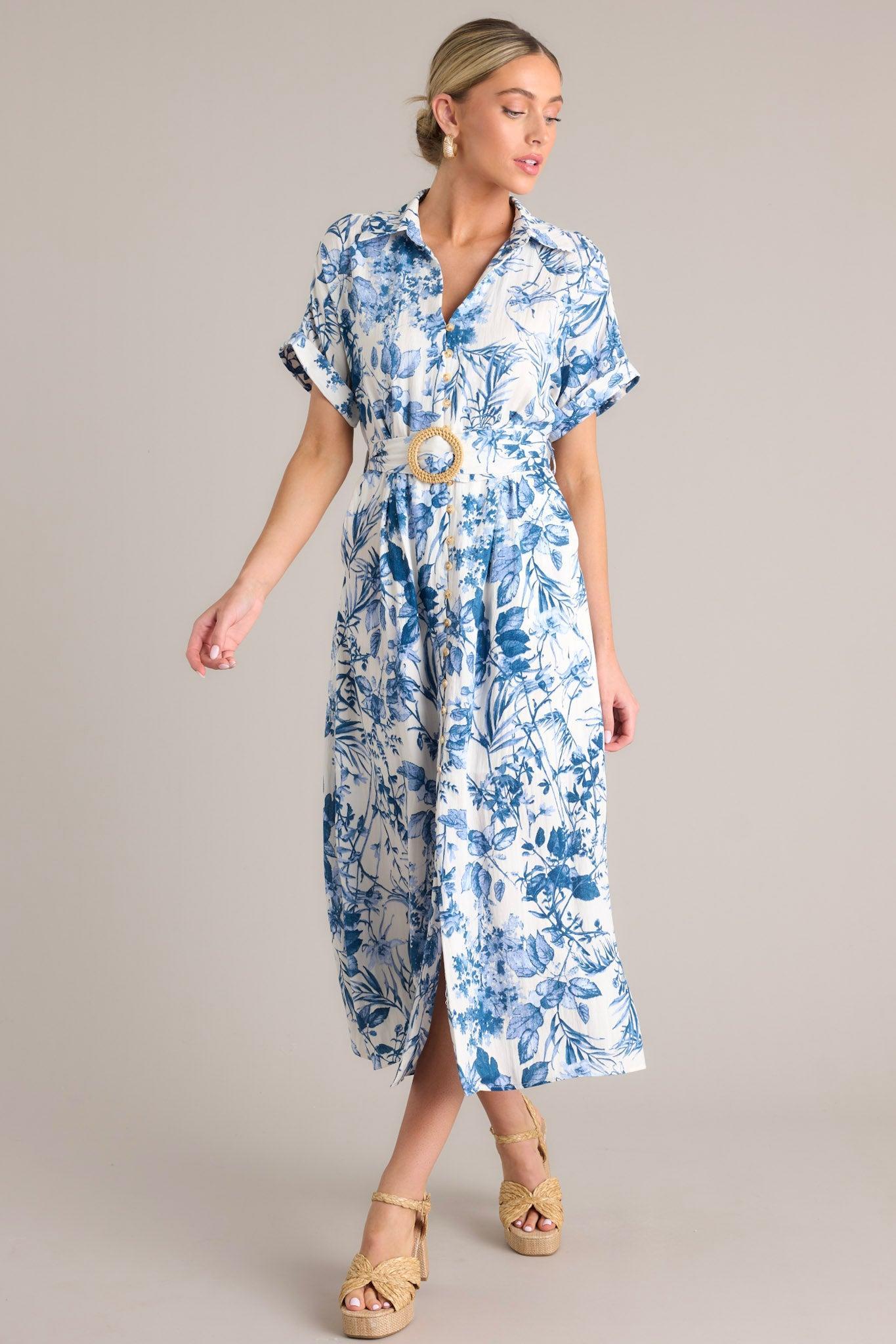 Springtime Splendor White & Blue Floral Belted Midi Dress Product Image