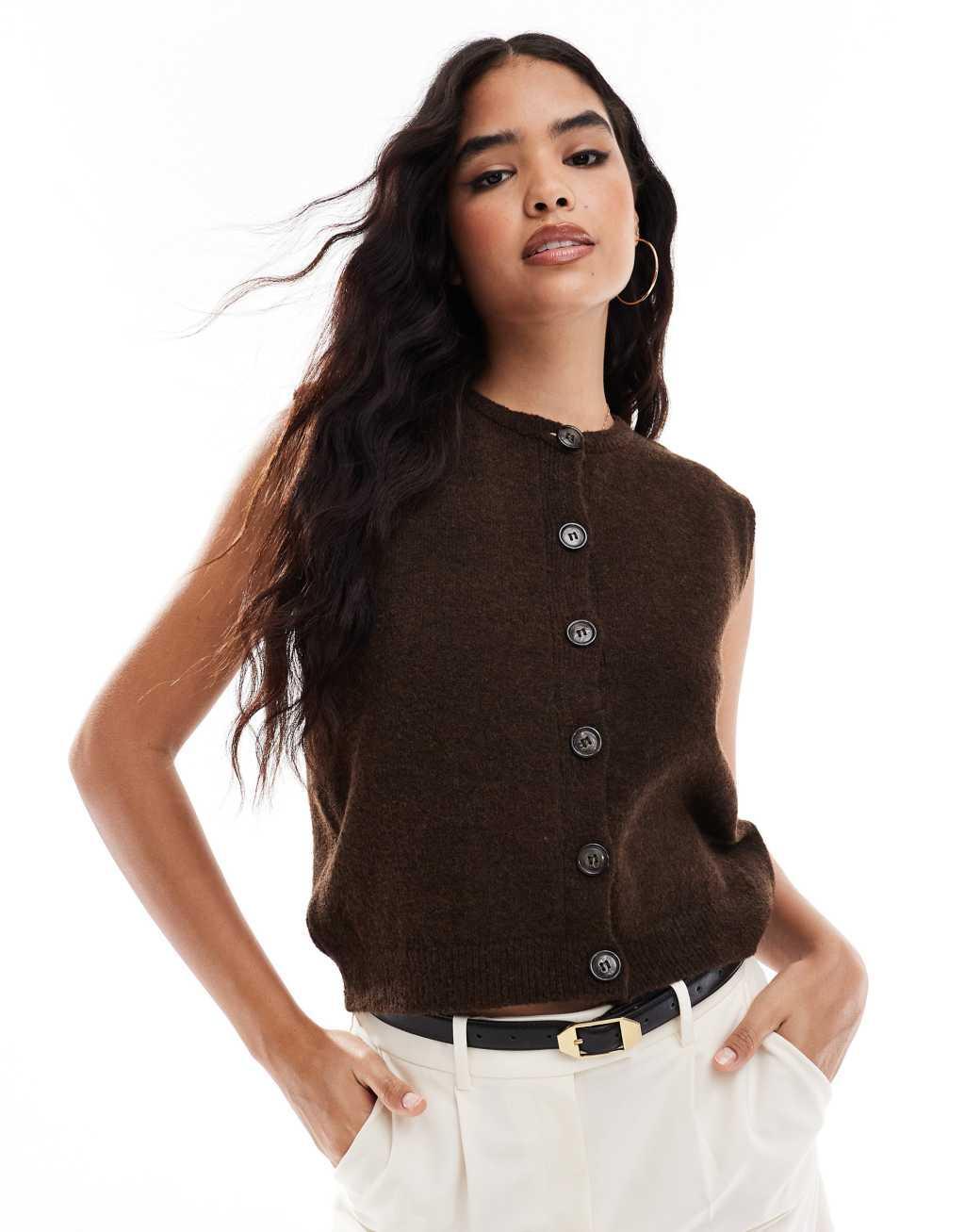 Vero Moda button up sleeveless vest in dark brown melange product image