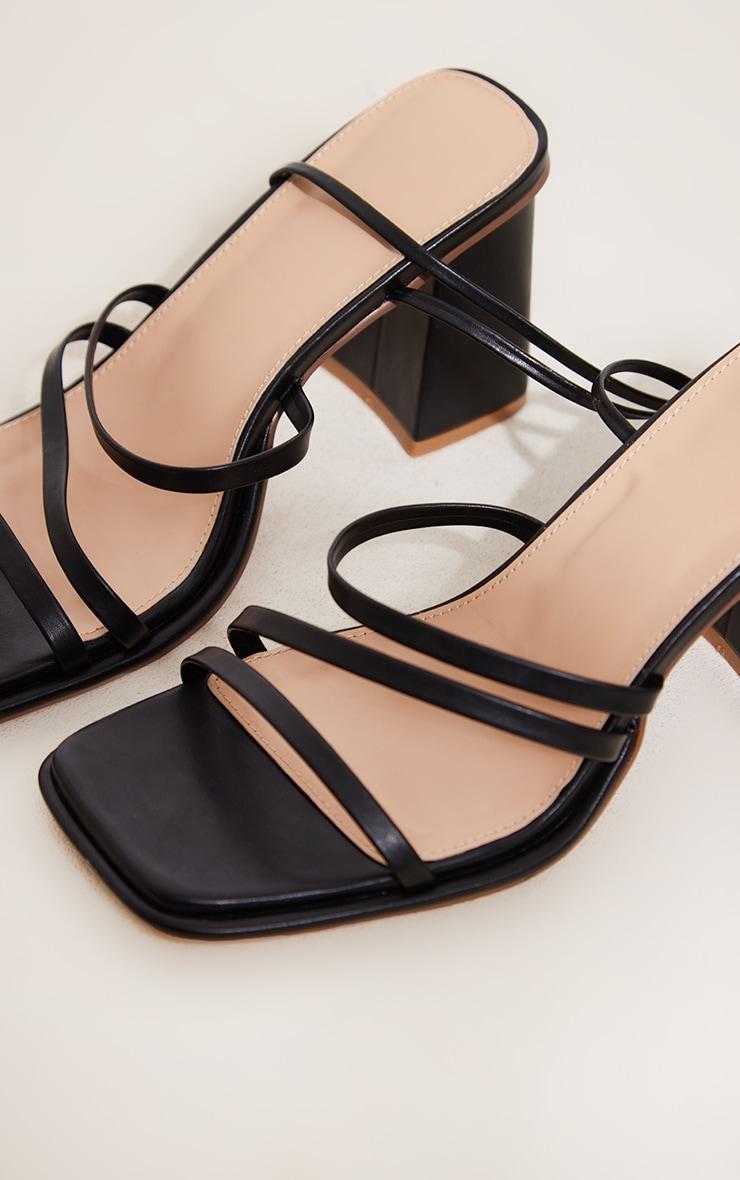 Black Wide Fit Faux Leather Square Triple Strap Ankle Tie Block Heeled Sandals Product Image