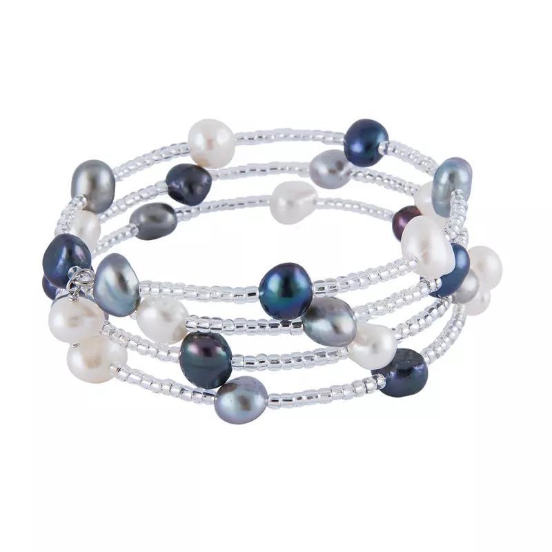 Triple Row Dyed Freshwater Pearl Adjustable Bangle Bracelet, Womens Silvertone Product Image