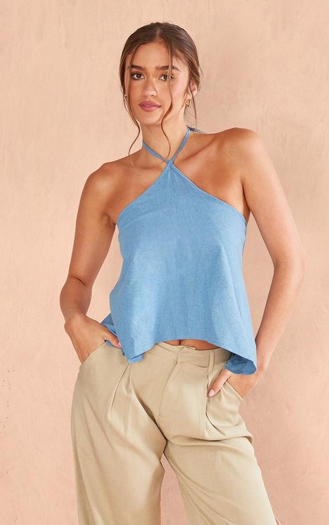 Dark Blue Premium Linen Look Halter Crop Top Product Image