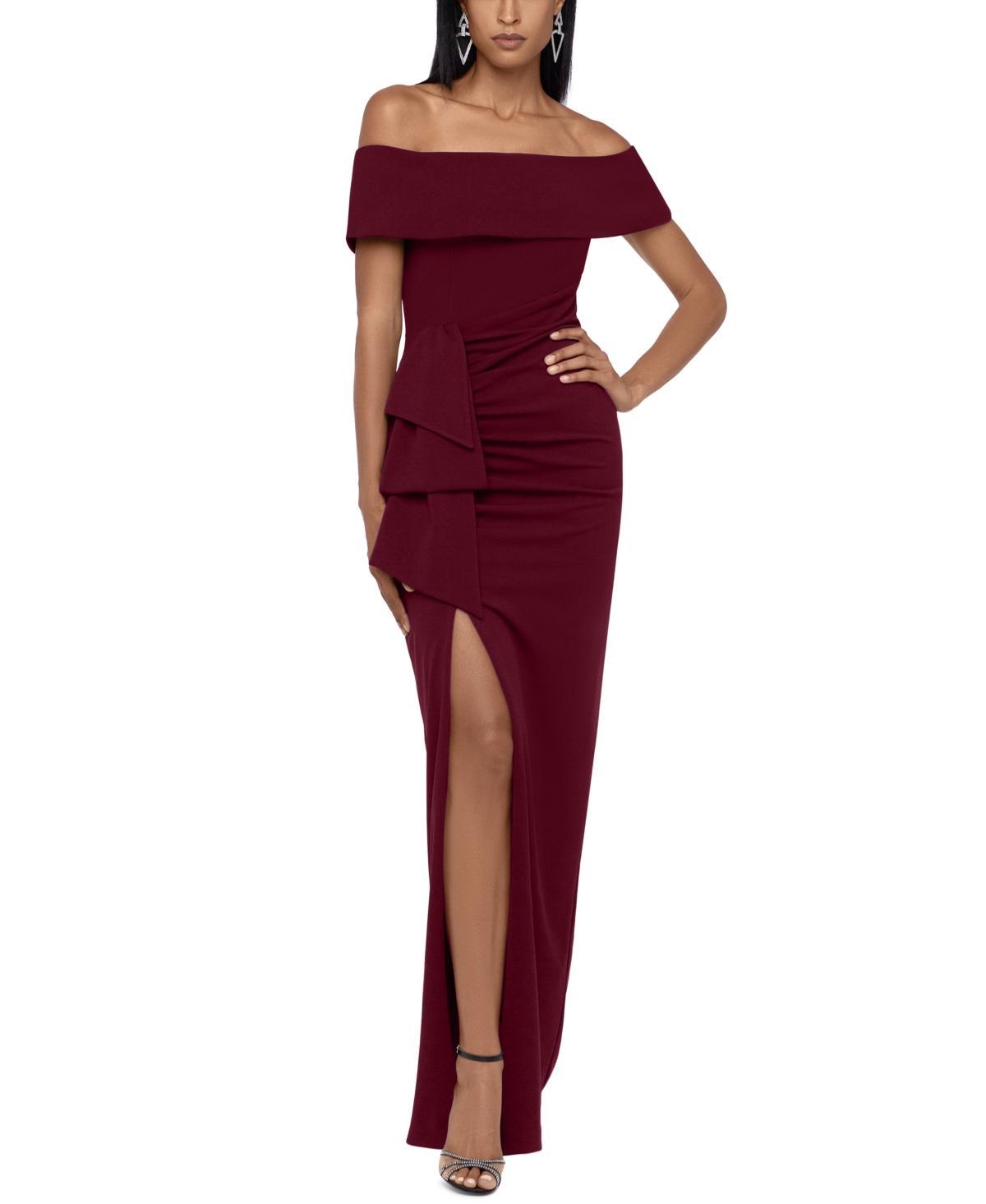 Xscape Off-the-Shoulder Ruched Ruched Waist Scuba Crepe Thigh High Slit Gown Product Image