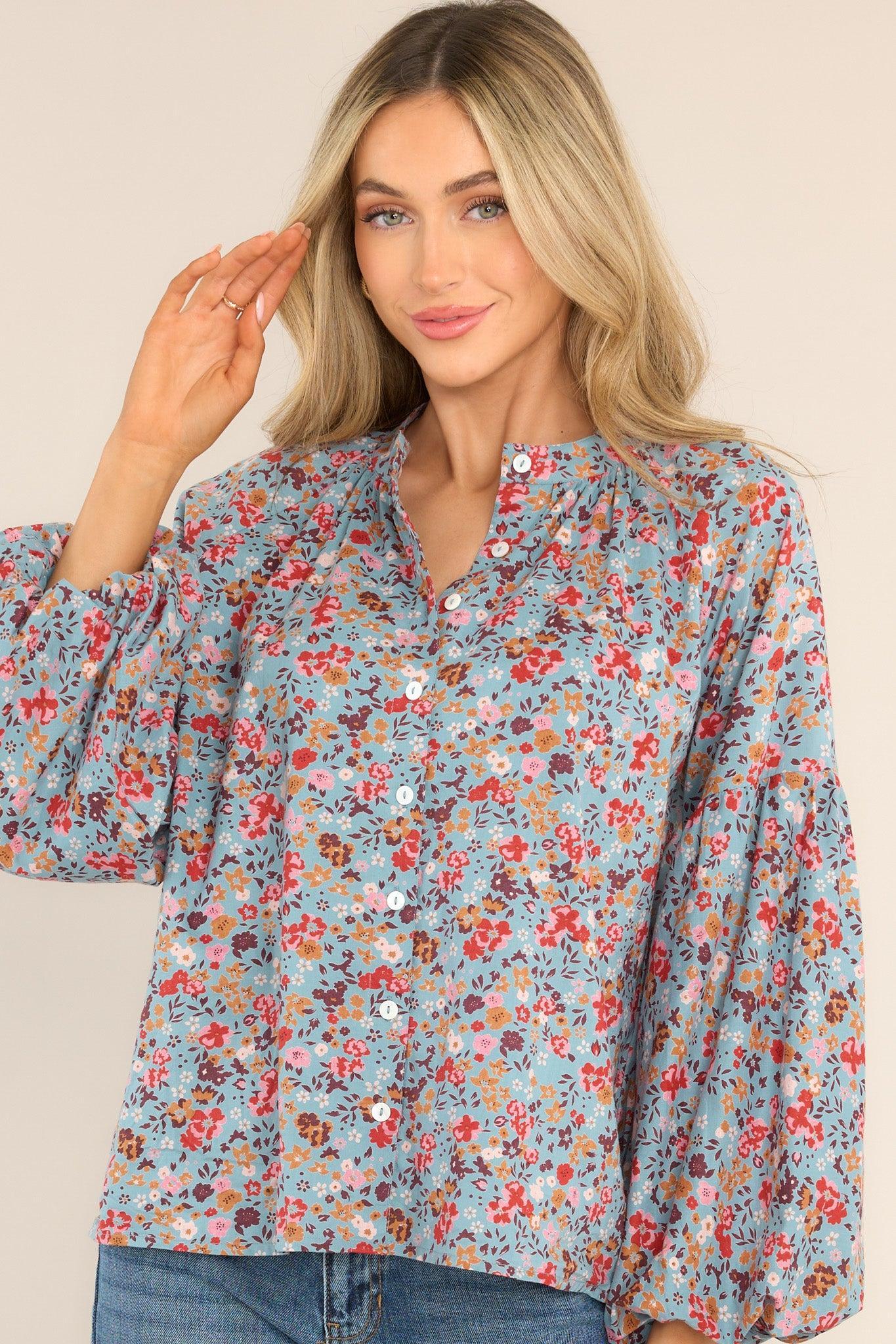 Emory Chalet Floral Cotton Button Front Top Blue Product Image