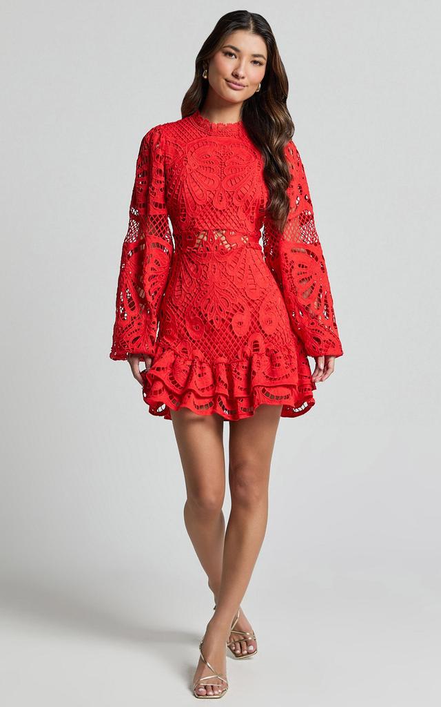 Kiss Me Now Mini Dress - Long Puff Sleeve Dress in Red Floral Product Image