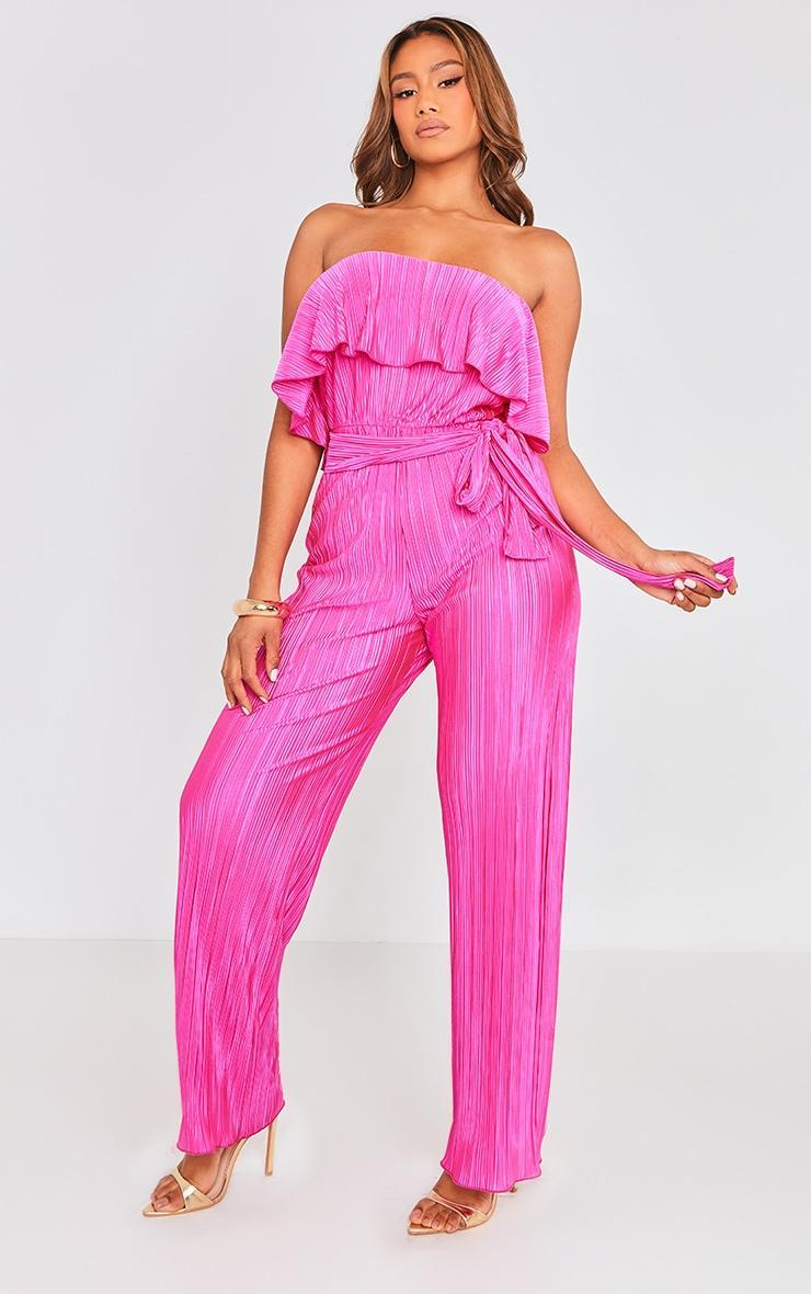 Fuchsia Plisse Tie Waist Tube Jumpsuit Product Image