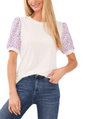 Women's Mixed-Media Floral-Print Puff-Sleeve Tee Product Image