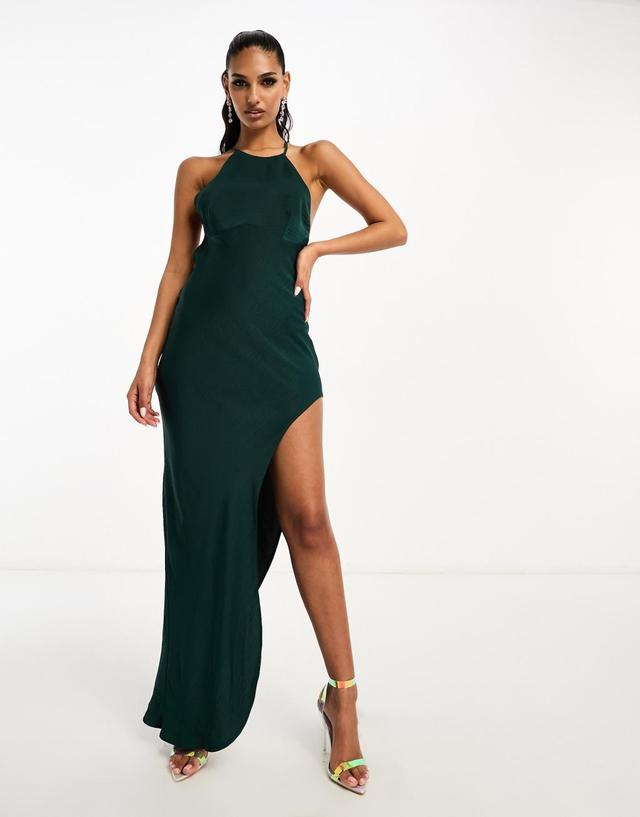 ASOS DESIGN satin racer midi dress with side split in green Product Image