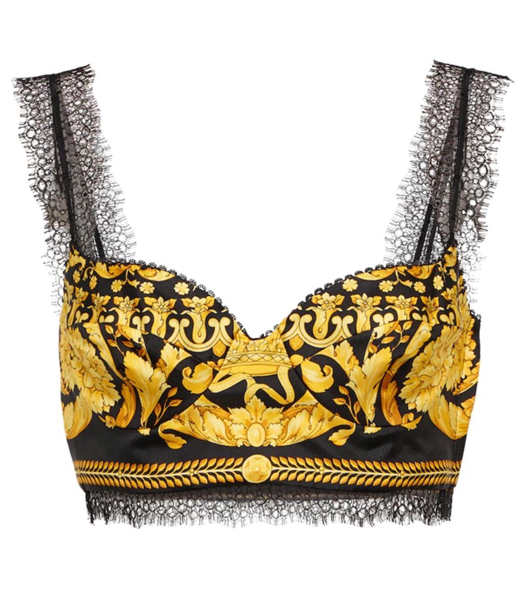 VERSACE Baroque-print Lace-trimmed Silk-twill Top In Black Gold Product Image