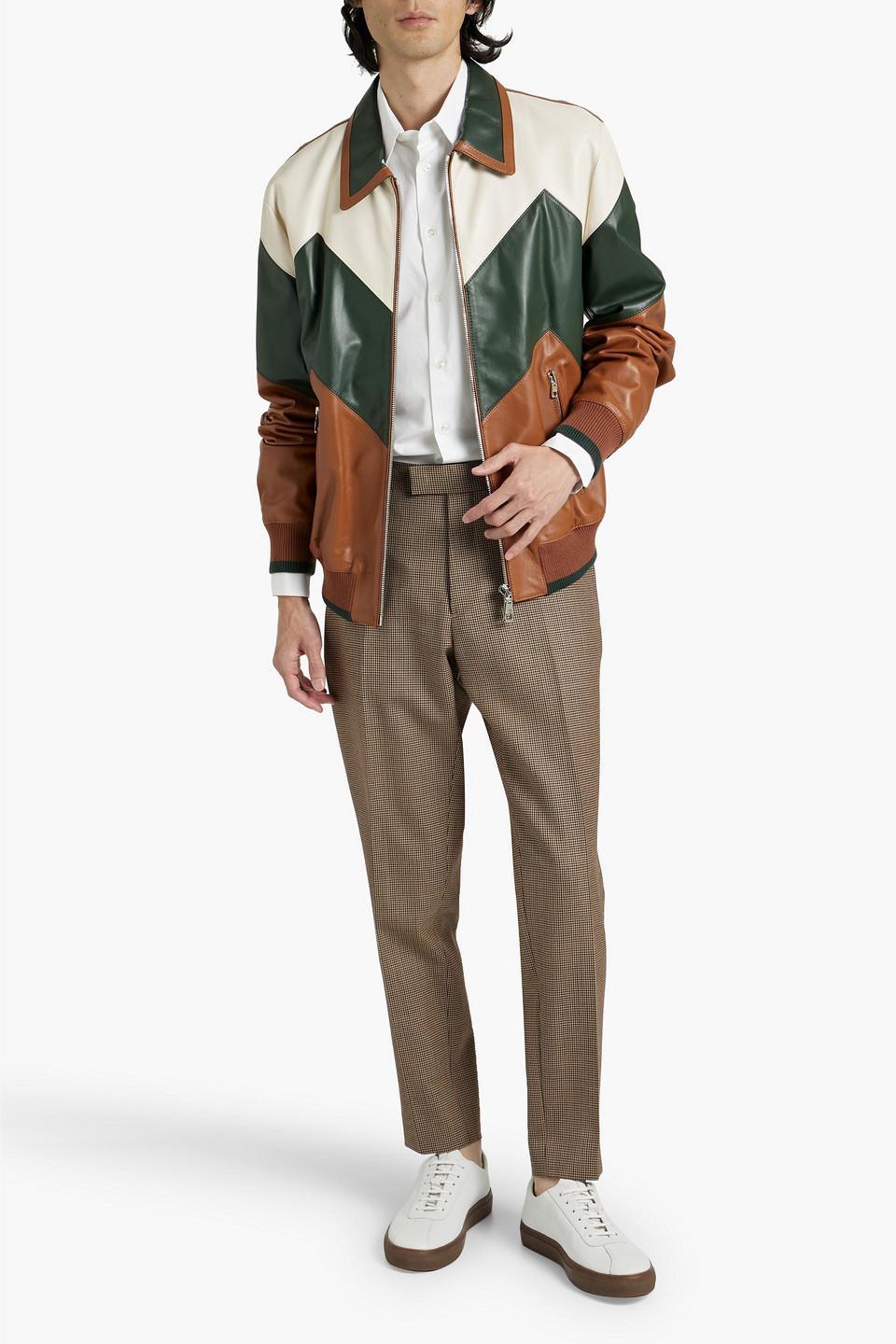 Color-block Leather Bomber Jacket In Tan Product Image