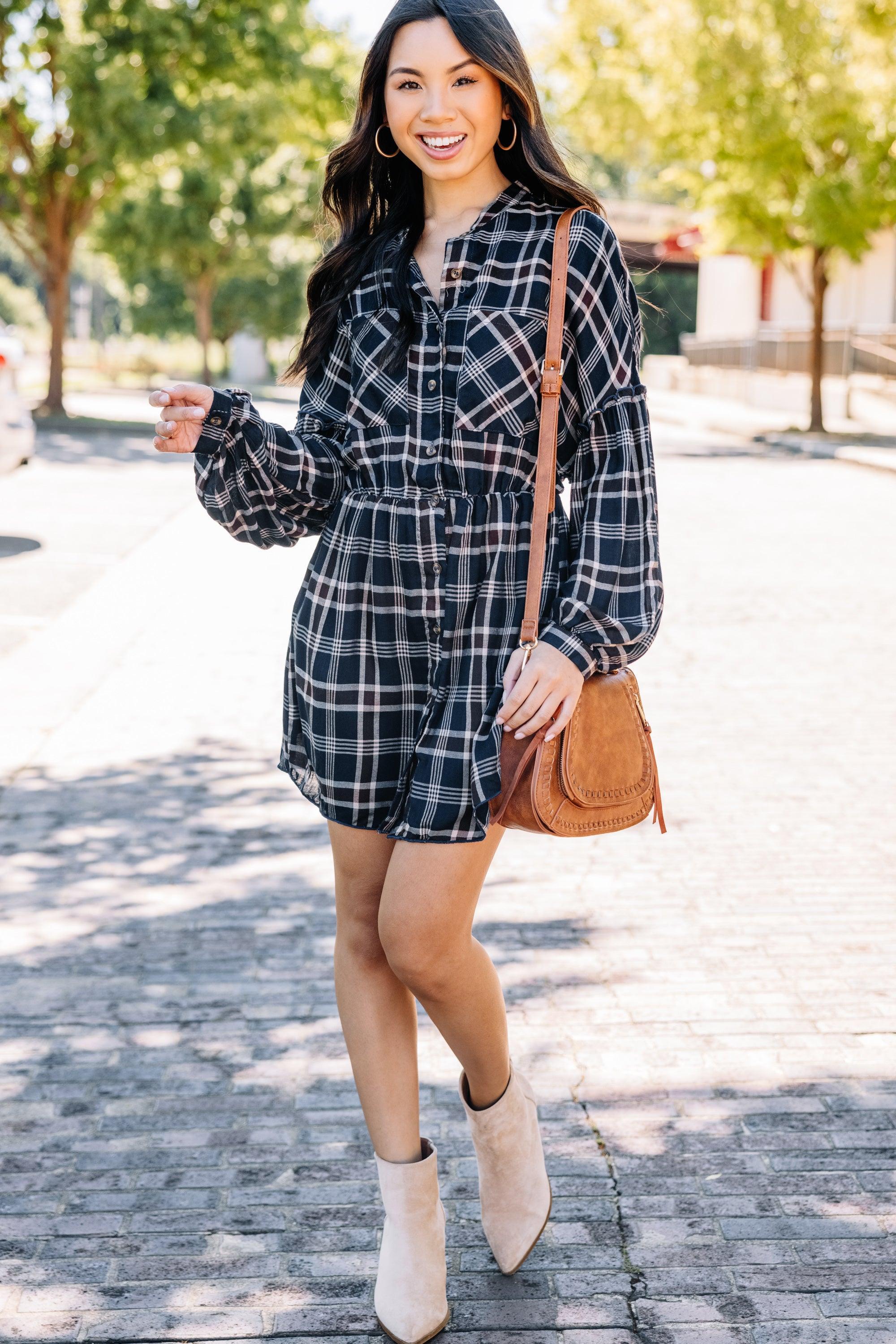 Fall Experiences Navy Blue Plaid Dress Female Product Image