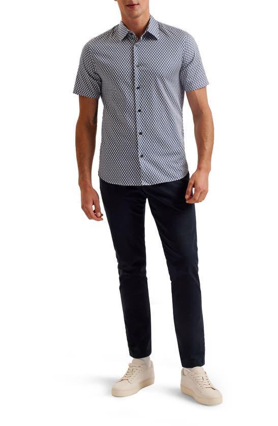 Printed Short Sleeve Button Front Shirt In Navy Product Image