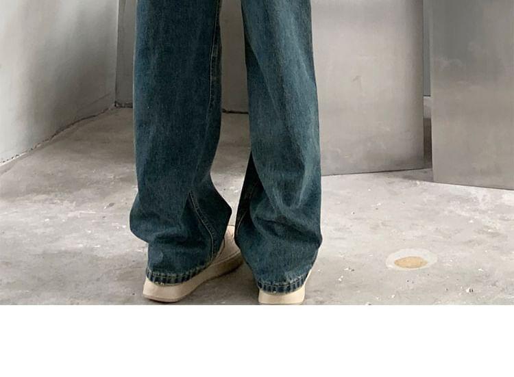 High Waist Washed Distressed Straight-Fit Wide-Leg Jeans Product Image