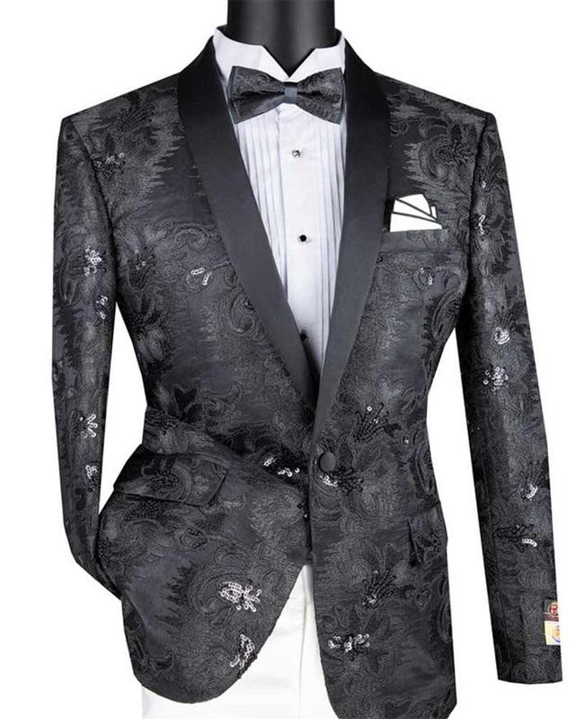 Black Embroidery Slim Fit Jacket Shawl Lapel with Bow Tie Product Image