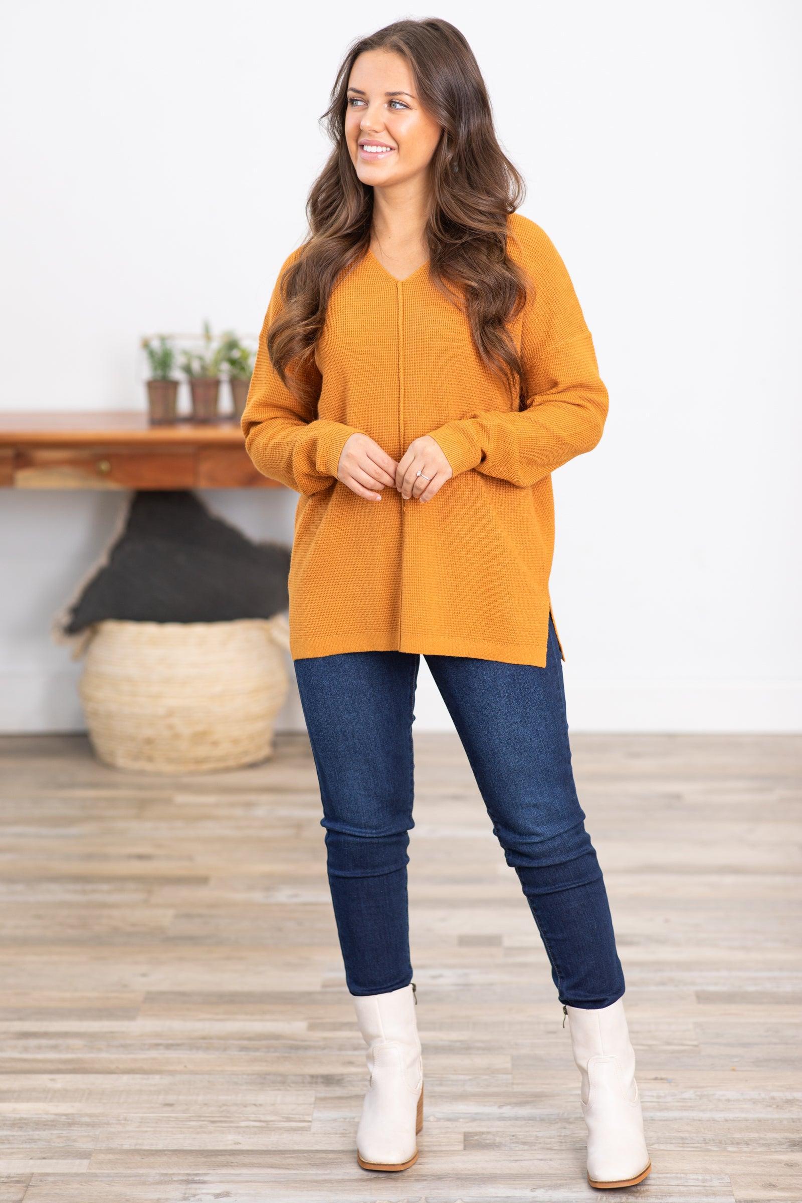 Copper Mini Waffle V-Neck Sweater With Seam Product Image