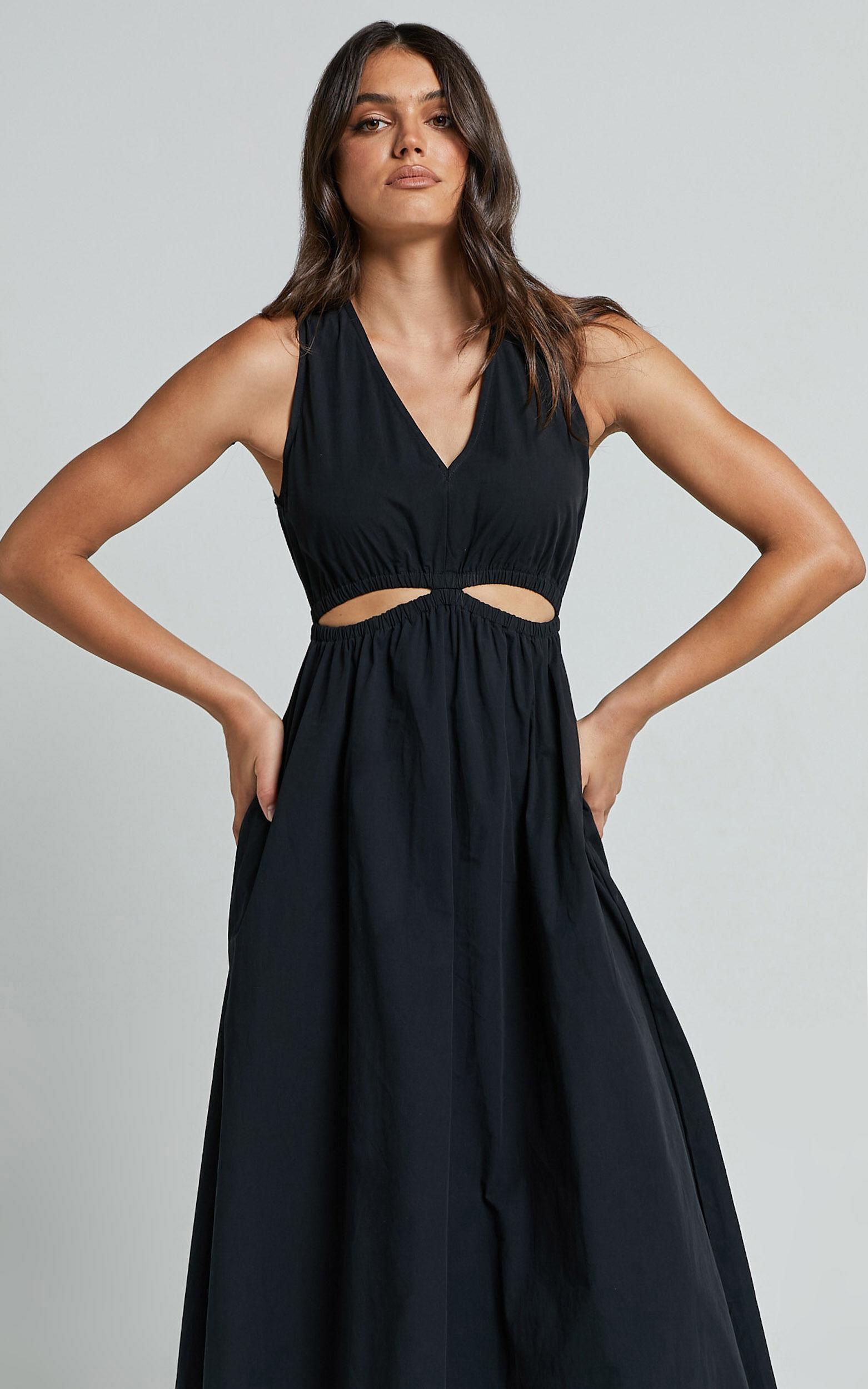 Celiana Midi Dress - Plunge Elastic Waist Cut Out Sleeveless A Line Dress in Black Product Image