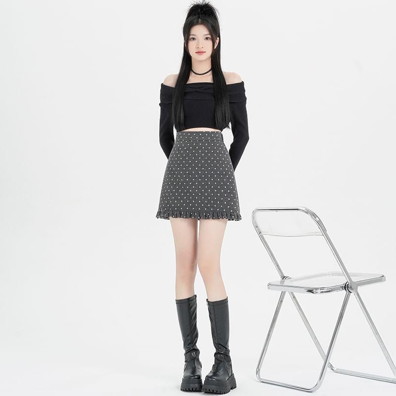 High Waist Dotted Ruffle Mini A-Line Skirt Product Image