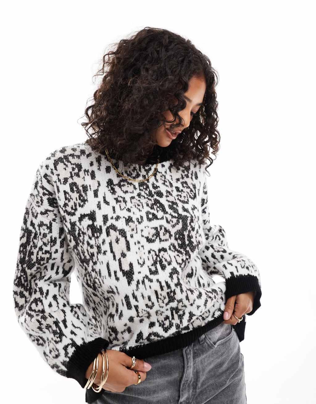 ASOS DESIGN knitted fluffy sweater in leopard print Product Image