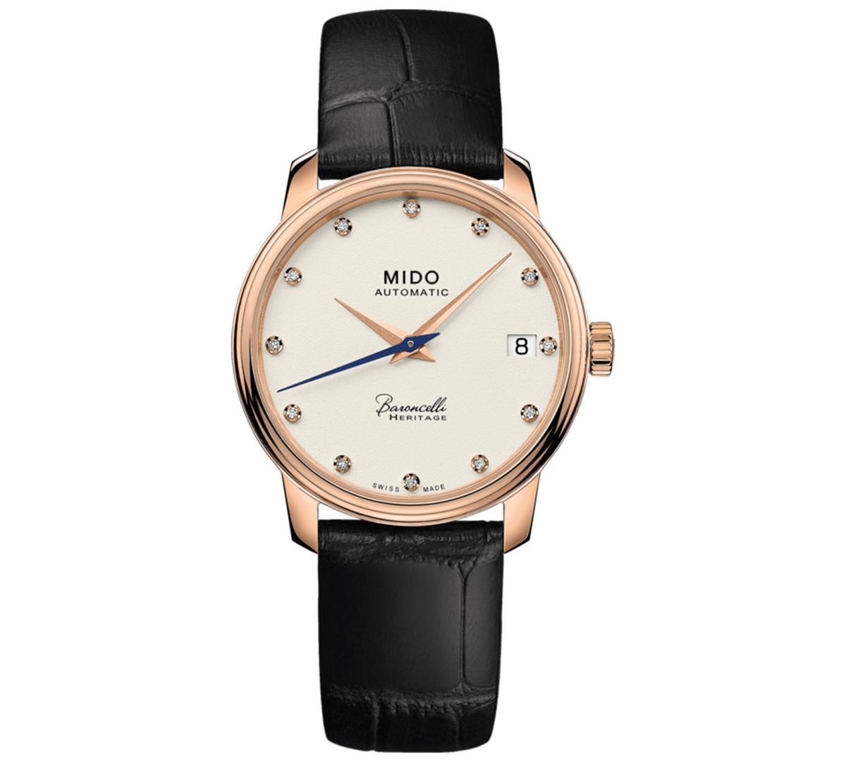 Mido Womens Swiss Automatic Baroncelli Iii Heritage Diamond (1/10 ct. t.w.) Black Leather Strap Watch 33mm - Ivory Product Image