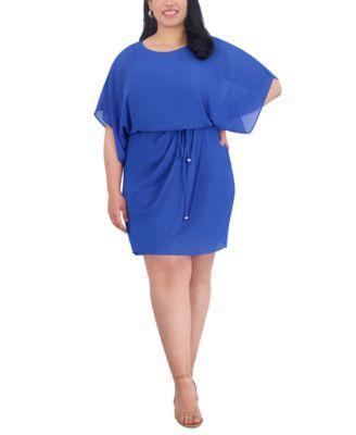 Plus Size Boat-Neck Blouson Faux-Wrap Dress Product Image