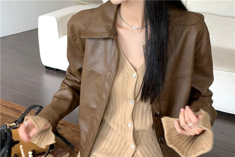 Collared Plain Faux Leather Button Jacket Product Image