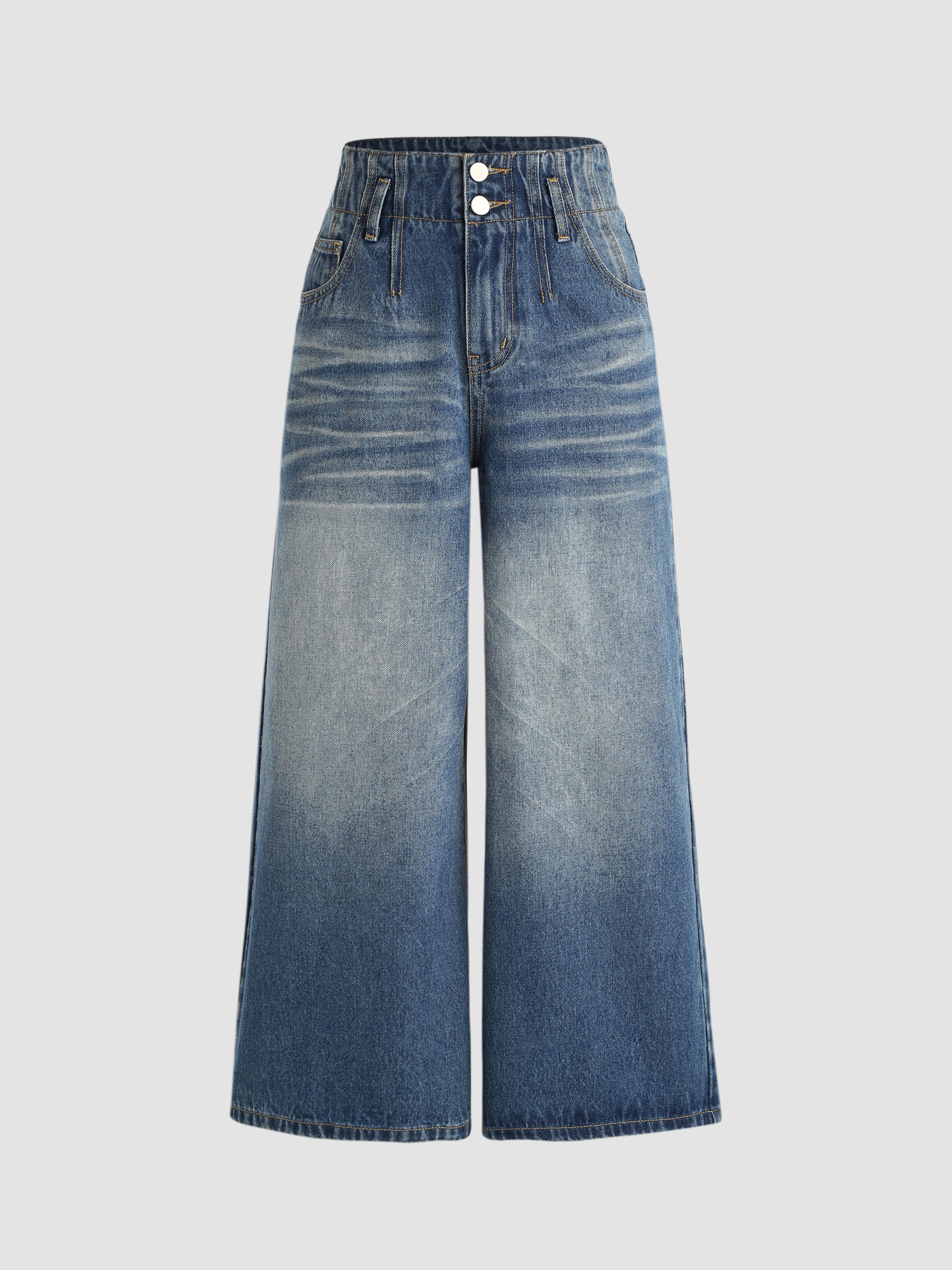 High Rise Washed Button Cropped Wide Leg Jeans product image