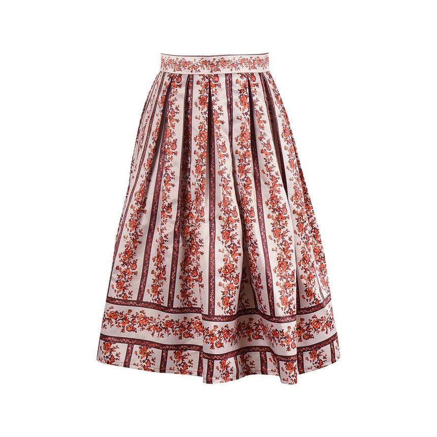 Floral Print High Waist A-Line Midi Skirt Product Image