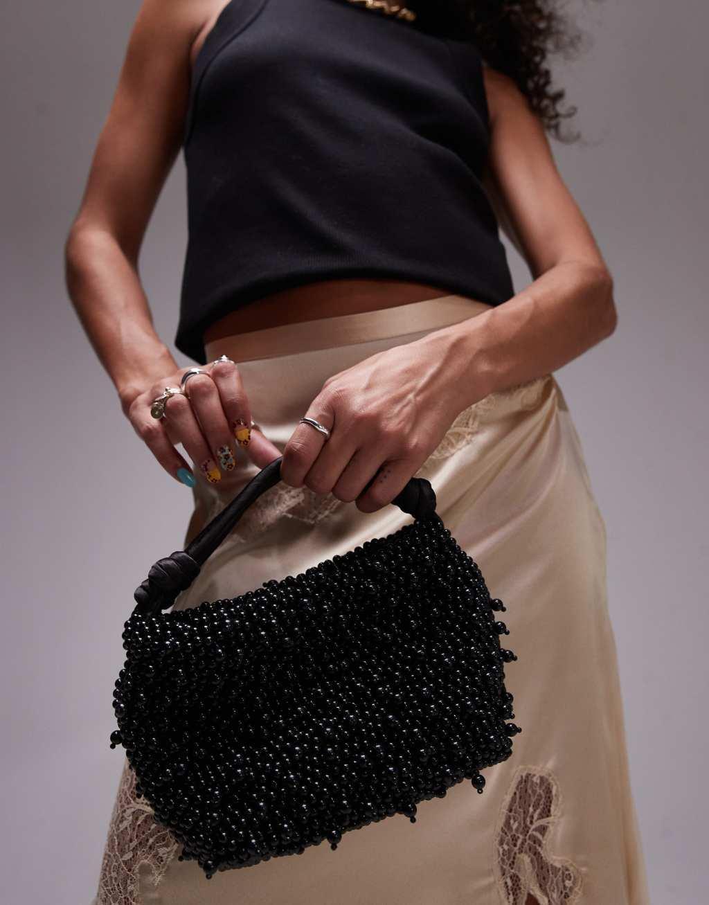 Topshop Gru embellished grab bag in black beading Product Image