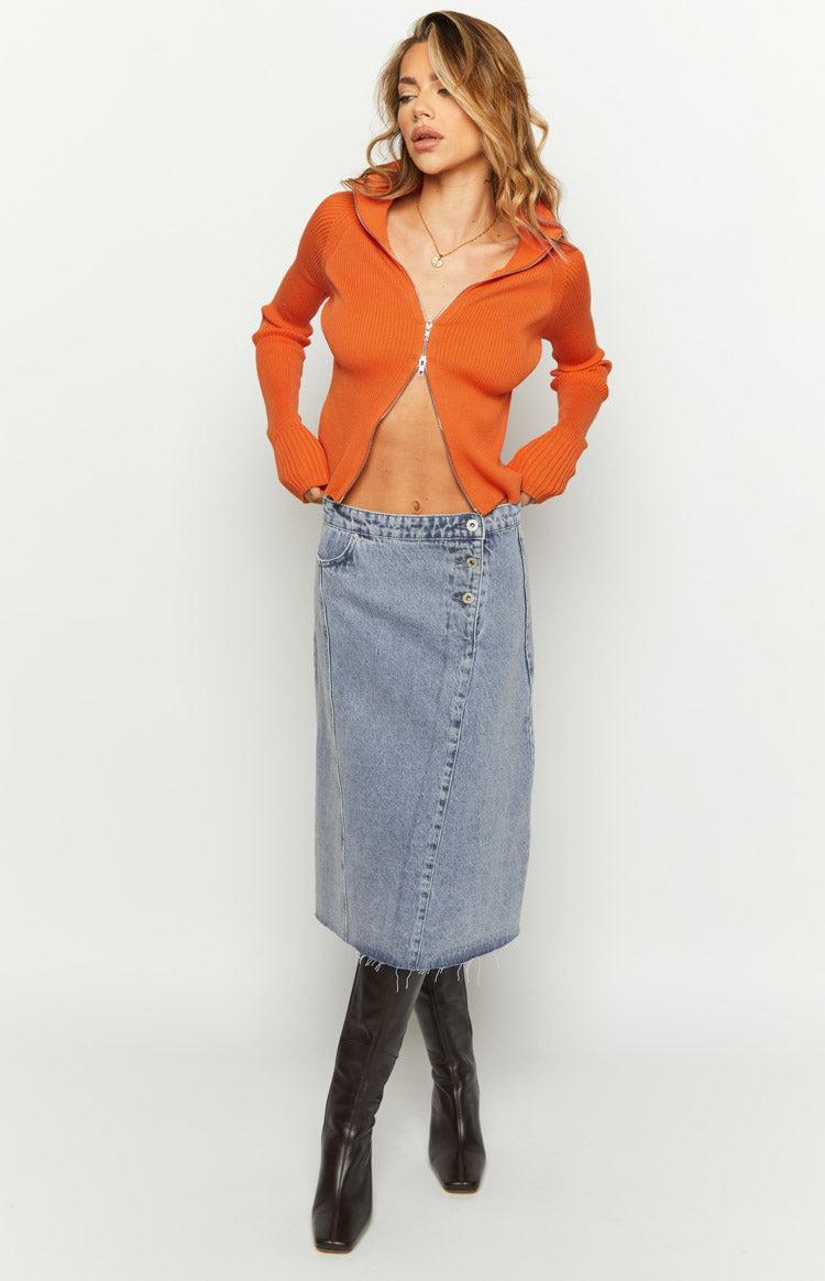 Jas Mid Wash Mid Waist Denim Midi Skirt Product Image