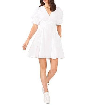 1. STATE Short Puffed Sleeve V-Neck Suede Satin Mini Dress Product Image