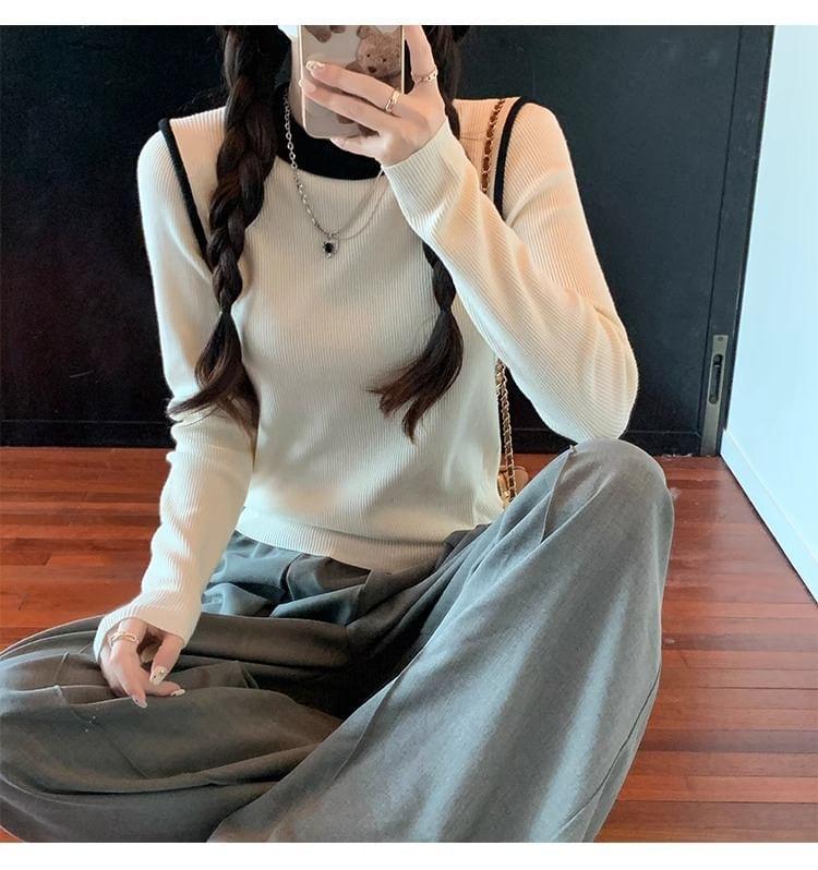 Long-Sleeve Crew Neck Contrast Trim Knit Top Product Image