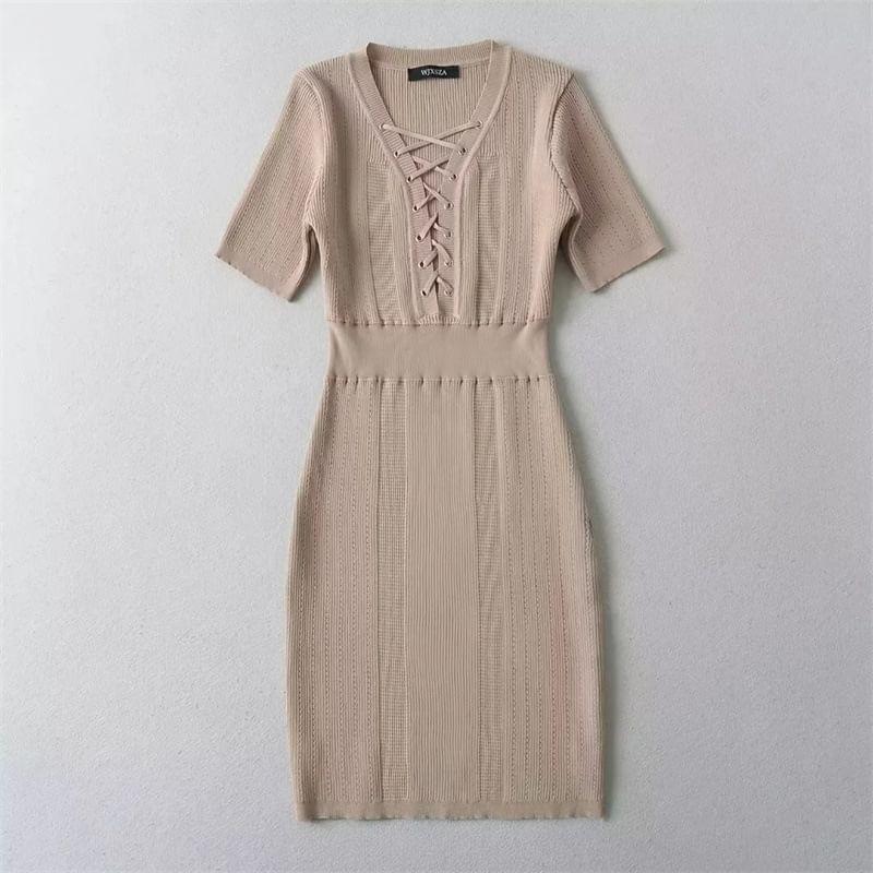 Short-Sleeve V-Neck Knit Midi Sheath Dress Product Image