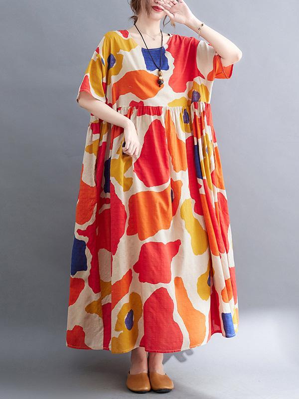 Artistic Retro Short Sleeves Loose Contrast Color Printed Round-Neck Midi Dresses Product Image