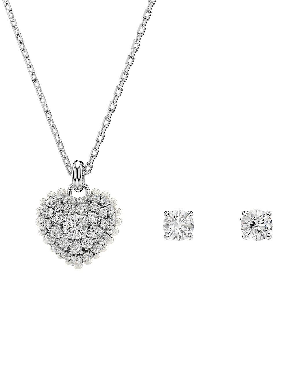 Womens Idyllia Rhodium-Plated & Swarovski Crystal Heart Pendant Necklace & Earrings Set Product Image