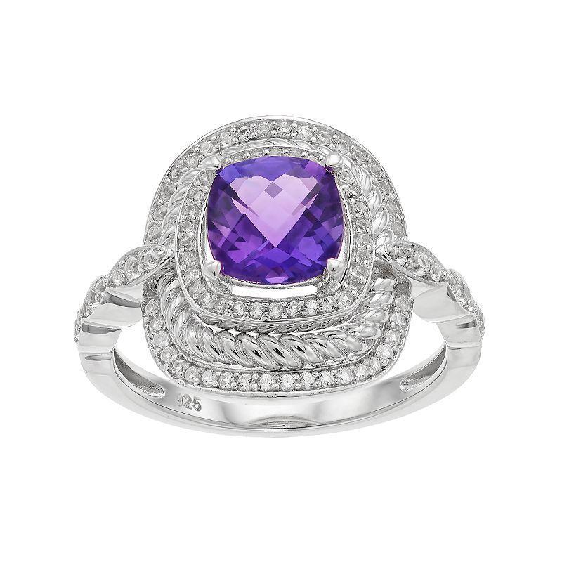 Sterling Silver Amethyst & Lab-Created White Sapphire Halo Ring, Womens Product Image