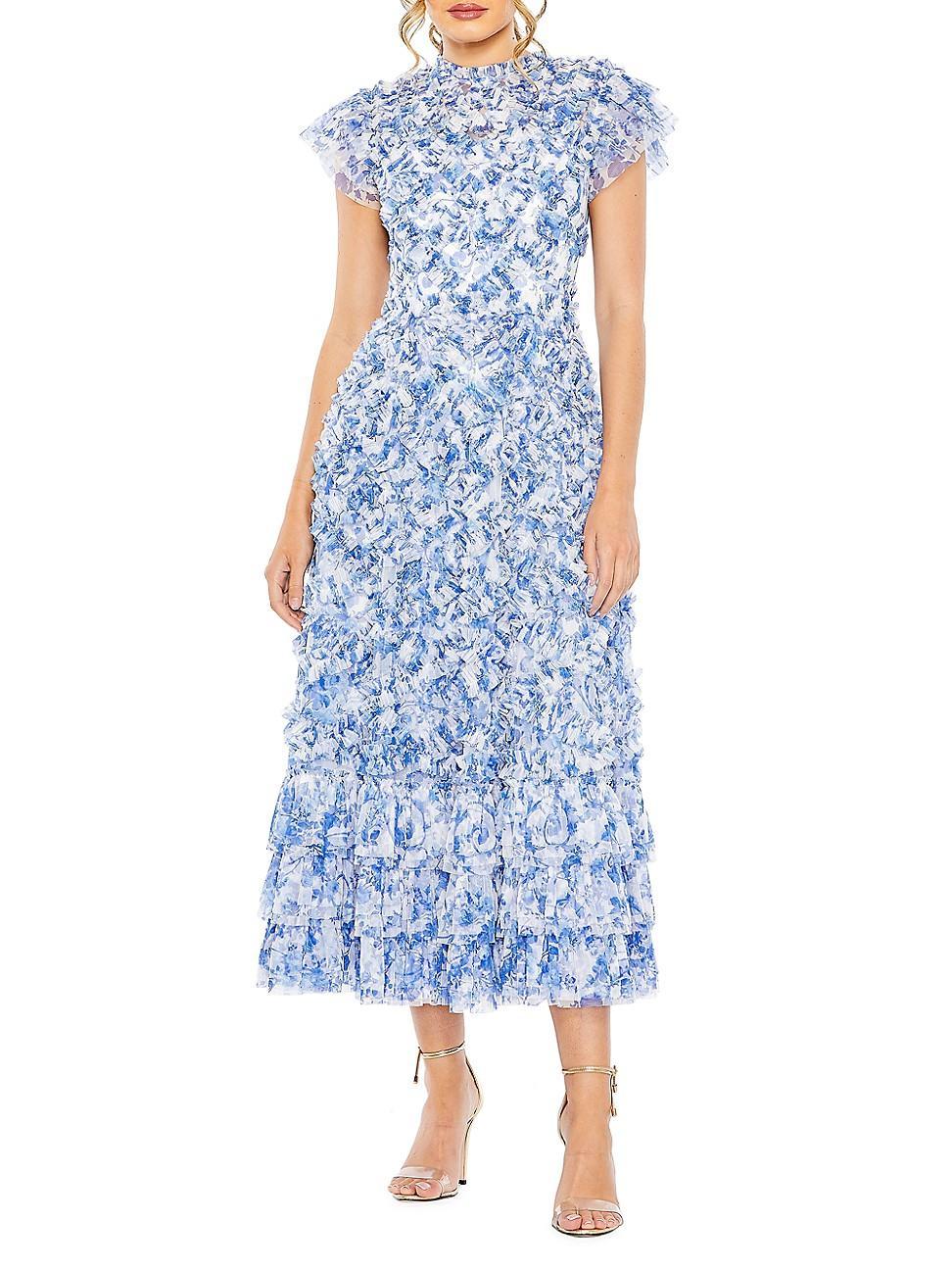 Mac Duggal Floral Print Crew Neck Cap Sleeve Ruffle Embellished Tiered Hem Dress Product Image