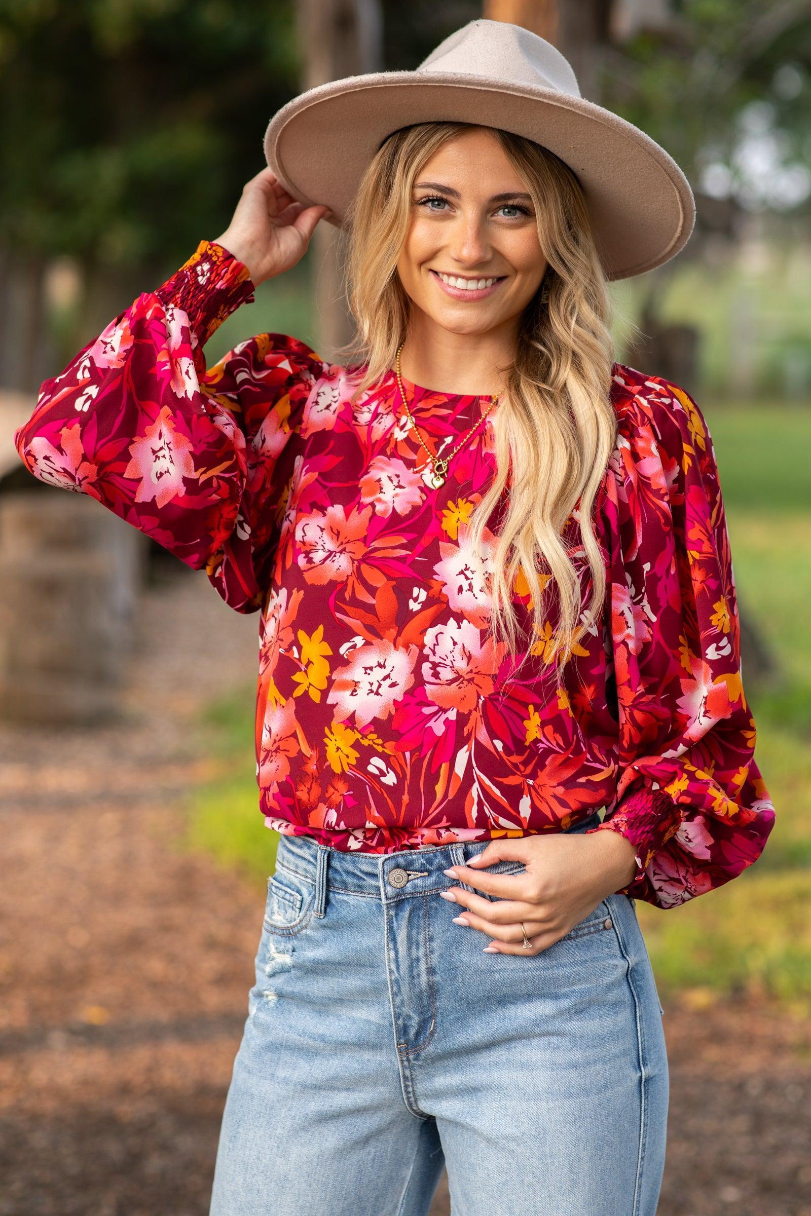 Burgundy and Orange Floral Smocked Cuff Top Product Image