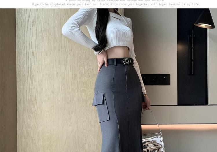 High Waist Plain Midi Mermaid Cargo Skirt Product Image