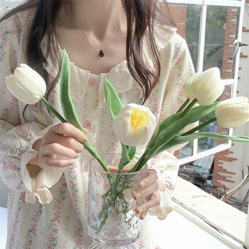 Pajama Set: Long-Sleeve Floral Print Lace Ruffle Button-Up Top + Pants Product Image